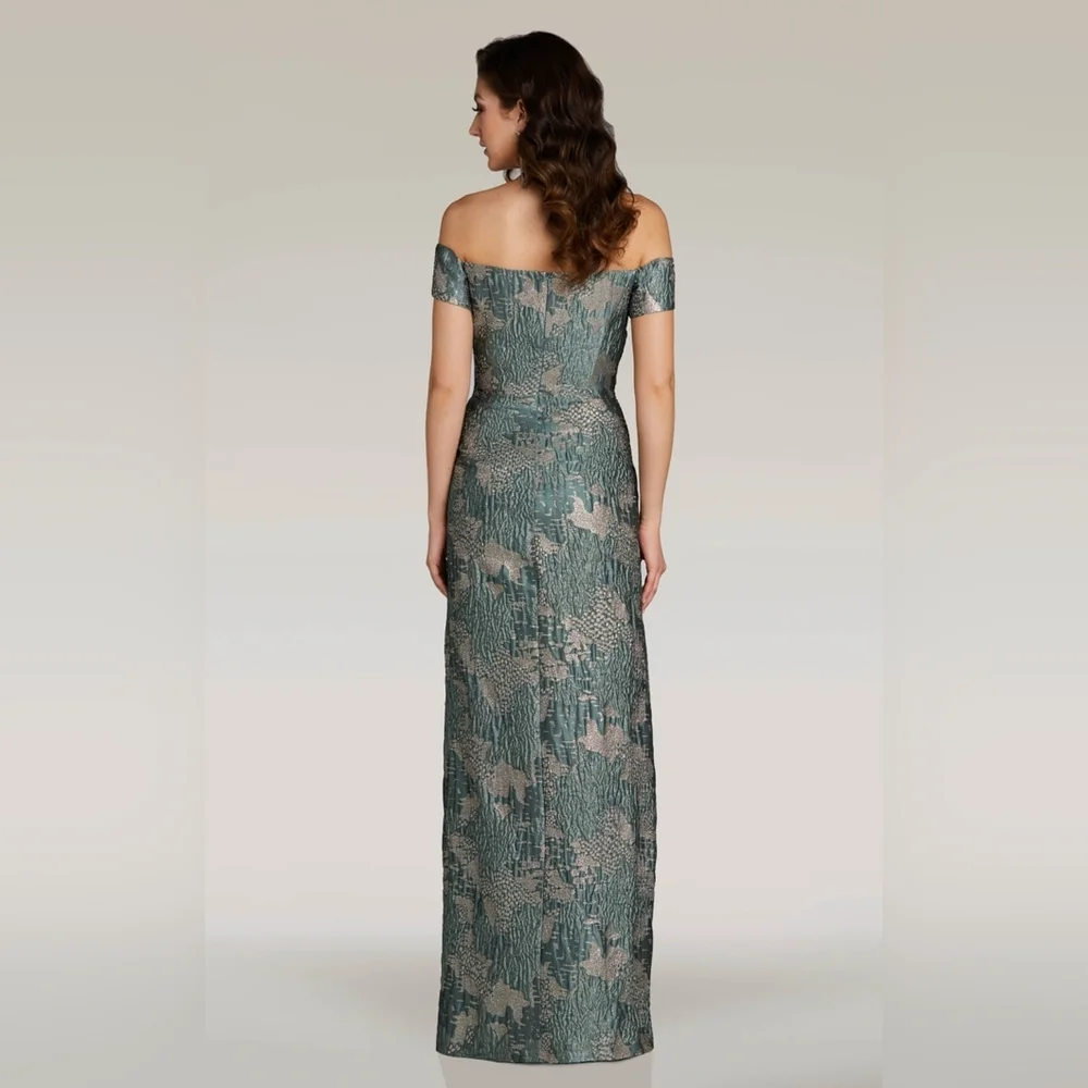 Off Shoulder Column Dress with Ruffles Gia Franco NWT Green Gold Designer Gown - Picture 2 of 5
